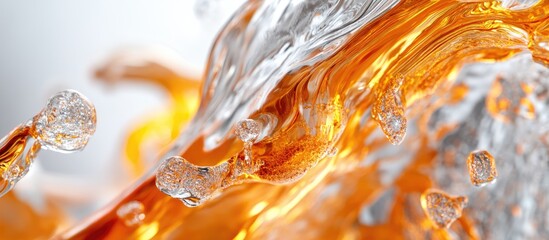 Fototapete - Fluid motion of amber-colored liquid with splashes and bubbles on a white background, creating a dynamic and vibrant visual effect.