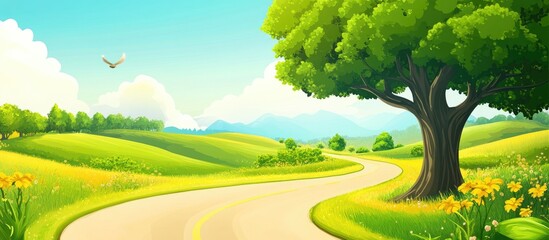 Aufkleber - Curved winding road leading through green hills and vibrant flowers under a bright blue sky with fluffy white clouds and a large tree on the side