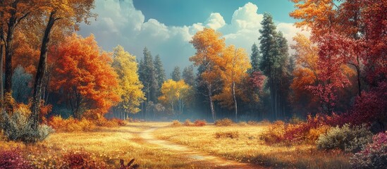Aufkleber - vibrant autumn landscape featuring colorful leaves in warm oranges and yellows with tall green trees and a winding path under a blue sky