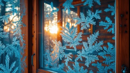 Wall Mural - Frosted window glass with intricate frost patterns reflecting a serene sunset in a cozy cabin setting