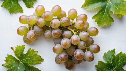 Canvas Print - Ripe green grapes with green leaves arranged on a white background showcasing freshness and natural beauty from a top view perspective.