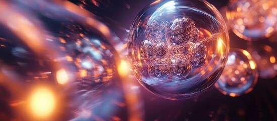 Fototapete - Quantum particles in vibrant purple and orange hues, with glowing orbs and dynamic movement, highlighting advancements in computational technology.