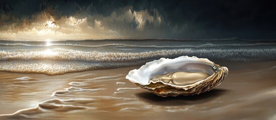 Aufkleber - Solitary raw oyster resting on sandy beach at sunset with gentle waves reflecting warm golden tones creating a serene gourmet seafood scene