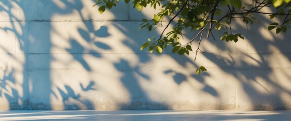 Wall Mural - Abstract tree branch shadows cast on a white concrete wall creating a serene natural effect with soft sunlight for design purposes.