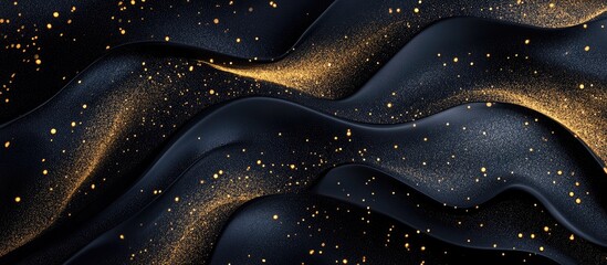 Fototapete - Elegant black fabric with flowing waves and scattered gold glitter accents creates a luxurious and shimmering abstract texture for backgrounds.