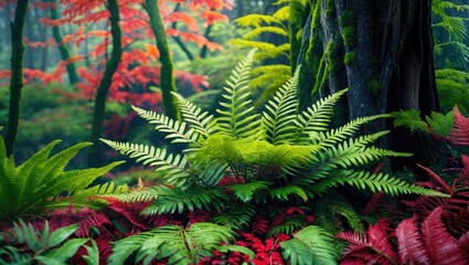 Canvas Print - Lush green ferns amid vibrant autumn foliage in a tranquil forest setting showcasing nature's rich colors and textures.