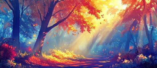 Poster - Colorful autumn forest with radiant sun rays filtering through vibrant branches and golden leaves, casting a warm glow on the scenic path.