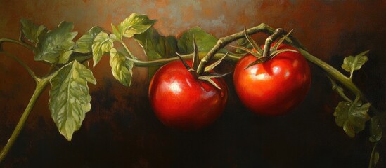Poster - A close-up view of two bright red cherry tomatoes on a green vine with dark earthy background highlighting freshness and healthy living themes
