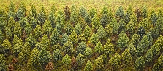 Aufkleber - Lush green coniferous forest with varying shades of green and hints of yellow in rows captured from above on a sunny day.