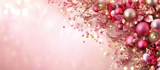 Poster - Festive pink background with gold and red Christmas ornaments and floral accents on the left, creating a warm holiday atmosphere.