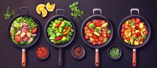 Poster - Vibrant assortment of fresh salads and stir-fries in black frying pans arranged symmetrically on a dark background with colorful garnishes.