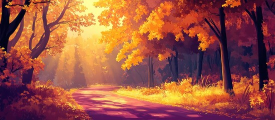 Aufkleber - Golden autumn forest with vibrant yellow trees lining a winding road illuminated by warm sunlight filtering through the foliage.