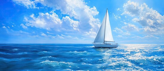 Poster - Serene seascape with a small white sailboat drifting in shimmering blue waters under a bright sky with fluffy clouds creating a tranquil atmosphere