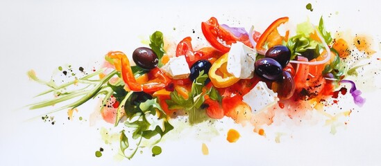 Poster - Vibrant Greek salad with olives and colorful fresh vegetables, creamy feta, arranged artistically against a clean white background.