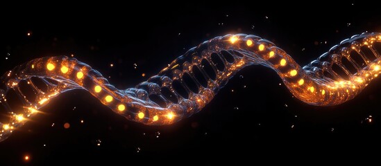 Fototapete - Abstract glowing DNA helix on a dark background with blue and orange elements illuminated, twisting elegantly through the space.