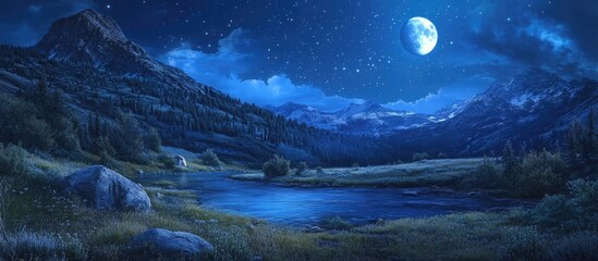 Poster - Serene nighttime landscape featuring a tranquil blue lake with mountains under a starry sky and a bright moon illuminating the scene.