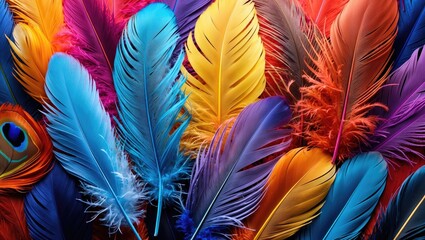 Sticker - Vibrant Colorful Bird Feathers Background Textures in Various Shades with Intricate Patterns for Artistic and Design Use