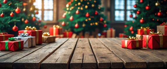 Canvas Print - Wooden table display with Christmas decorations and gifts in blurred festive background for product showcase and holiday promotions.