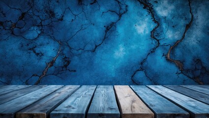 Sticker - Stylish empty wooden table against a vibrant blue abstract background ideal for product display or promotional montages.