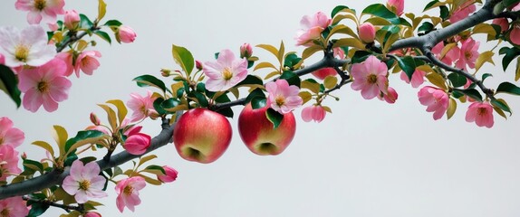 Wall Mural - Apple tree branch in full bloom with pink flowers and ripe apples set against a soft white background symbolizing spring's beauty.