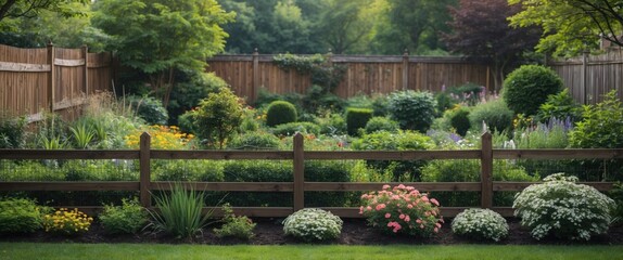 Poster - Serene Garden Landscape with Wooden Fence and Lush Flowers in a Tranquil Setting Offering Space for Text or Quotes