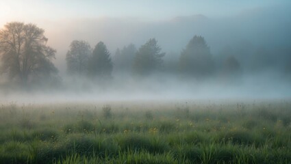  Misty Morning Landscape with Lush Green Meadow and Silhouette of Trees