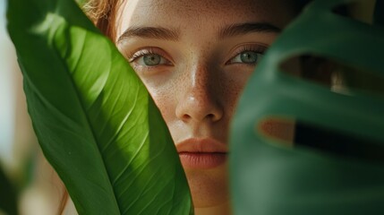 Aufkleber - A stunning young woman features prominently, her delicate face framed by vibrant green leaves, showcasing her enchanting gaze and natural beauty in a tranquil setting illuminated by soft light