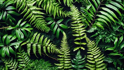 Wall Mural - Lush green fern leaves creating a vibrant natural background of foliage showcasing biodiversity and tranquility in nature.