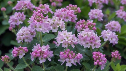 Wall Mural - Vibrant cluster of Geranium macrorrhizum blossoms showcasing delicate pink flowers in a lush green garden setting.