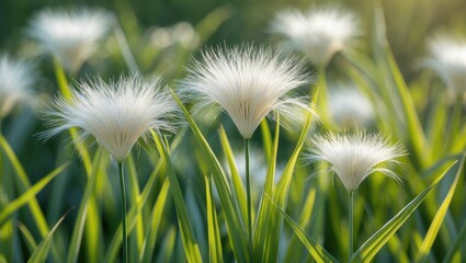 Wall Mural - Delicate white grass flowers resembling soft silk swaying gently in the breeze under warm sunlight, creating a serene natural landscape.