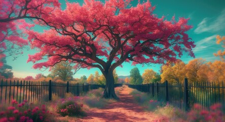 Wall Mural - Vibrant pathway with a blooming pink tree and ornate fence surrounded by colorful foliage under a bright blue sky