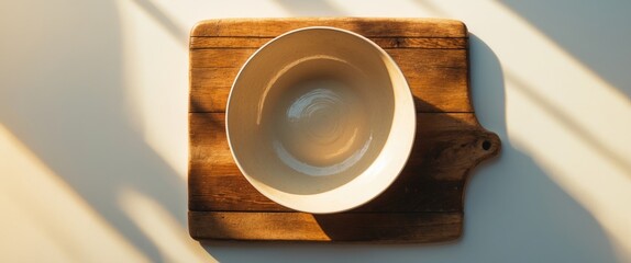 Canvas Print - Empty ceramic bowl on rustic wooden chopping board with soft shadows and white background captured from above.