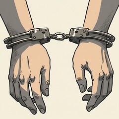 Illustration of restrained hands in metal handcuffs, highlighting themes of confinement and justice.