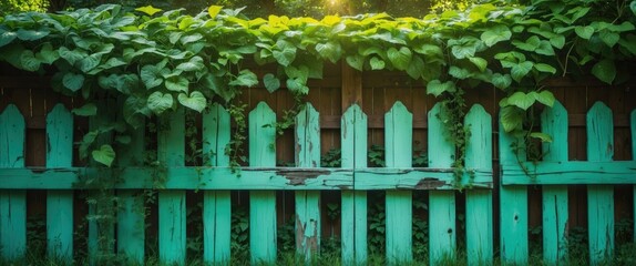 Sticker - Antique mint green wooden fence adorned with lush greenery in a serene summer garden creating a tranquil nature backdrop.