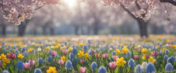 Wall Mural - Colorful Spring Blooms With Cherry Blossoms And Empty Space For Text In Bright Outdoor Setting