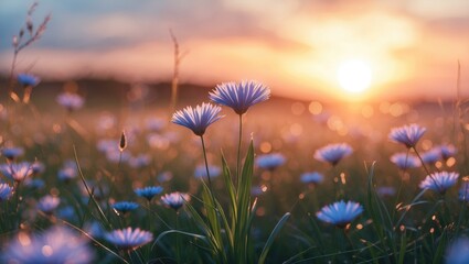 Wall Mural - Serene sunset over a blooming meadow with soft focus and bokeh effect creating a tranquil natural atmosphere.