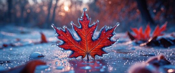 Wall Mural - Frozen red maple leaf adorned with ice droplets in a serene winter landscape depicting late autumn's beauty and nature's tranquility.