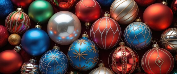 Canvas Print - Festive collection of colorful holiday baubles with intricate designs perfect for Christmas decorations and seasonal celebrations.