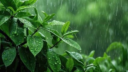 Wall Mural - Lush green leaves adorned with raindrops amidst a refreshing monsoon background capturing the essence of nature's beauty in Mumbai.