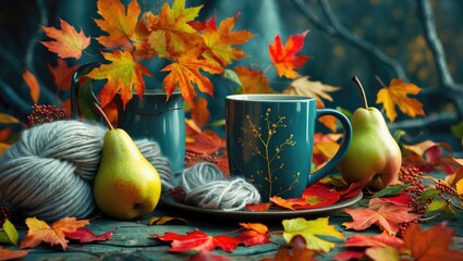 Wall Mural - Cozy autumn still life featuring a blue mug, wool yarn, fresh pears, and vibrant fall leaves on rustic wooden background