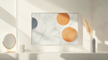 Poster - 3D illustration of a modern wall frame canvas flat art with marble shapes and circles. Clean and minimalist, with a light background.