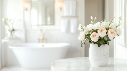 Poster - A white marble tabletop, set against a blurred background of an elegant white bathroom.