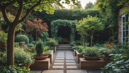 Canvas Print - Serene garden landscape featuring lush greenery and stone pathways with blank space for text, perfect for relaxation themes or promotional materials.