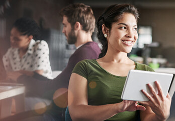 Poster - Thinking, business and woman on tablet in meeting for networking, connection and digital notes. Startup, office and worker on tech for online project, research ideas or discussion report for company