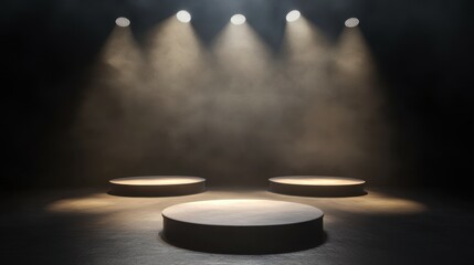 Poster - A minimalist stage setup with three circular platforms and spotlighting for presentations or performances.