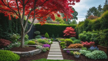 Canvas Print - Vibrant garden pathway featuring a stunning red maple tree surrounded by colorful flowers and lush greenery in a serene outdoor setting.