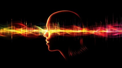 Poster - Silhouette of a Head with Sound Waves on a Futuristic Digital Background