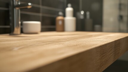 Poster - A close-up of a space on a minimal wooden bathroom tabletop in a modern elegant bathroom.