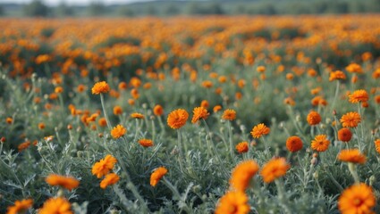 Canvas Print - Vibrant field of blooming orange calendula flowers displaying rich colors under natural sunlight in a lush green landscape.