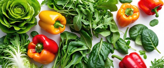 Canvas Print - Fresh colorful lettuce, bell peppers, arugula, and spinach arranged on a white background showcasing vibrant healthy vegetables.